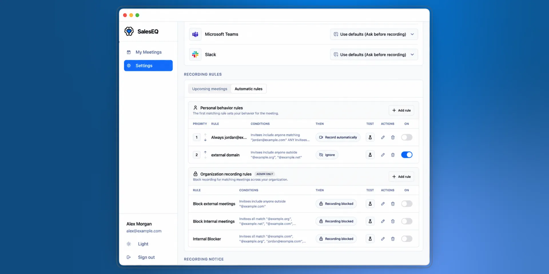 The Recording Rules section on the Automatic rules tab, with two numbered personal behavior rules above three admin-only organization rules that block recording